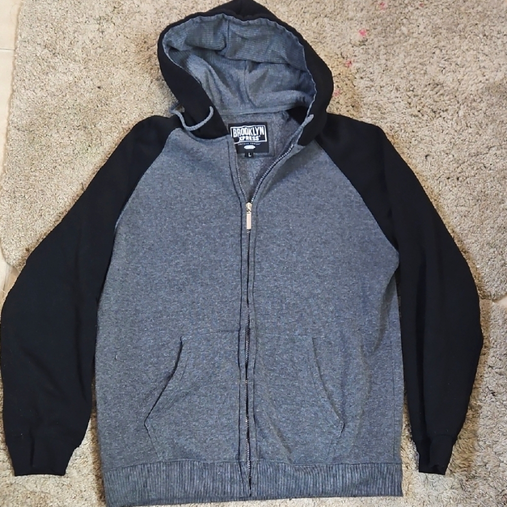 Brooklyn Xpress Gray and Black Zip Up Sweater with Hood Size Large